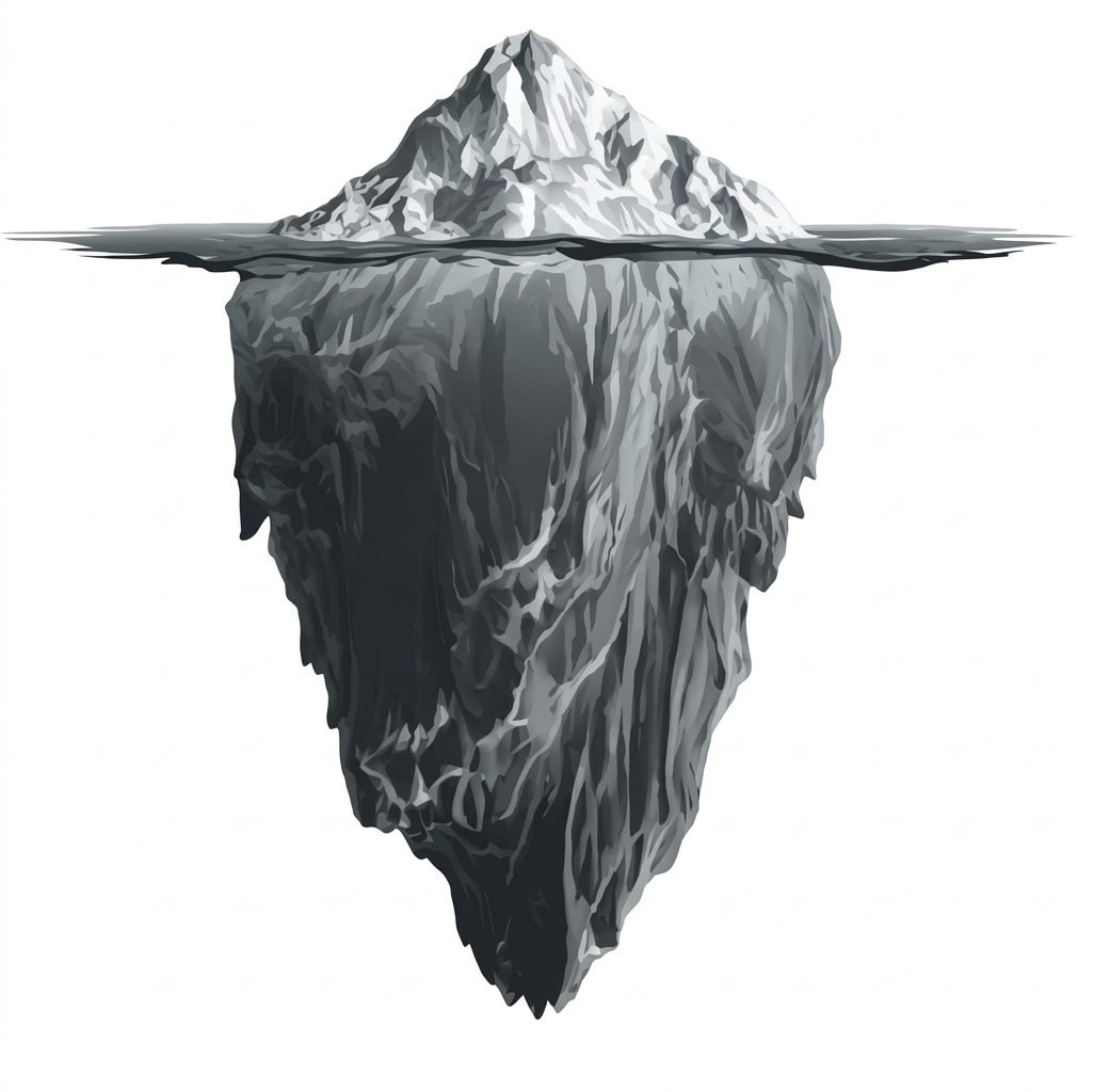 Iceberg image representing visible outcomes and deeper systems work.